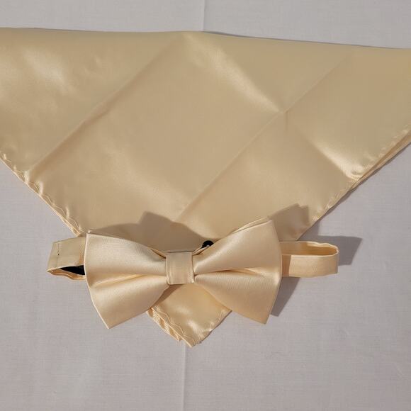 NWOT Hisdern satin ivory adjustable bow tie and pocket square, solid color - Picture 1 of 13
